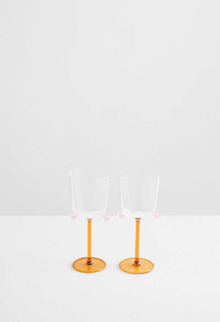 2 PomPom Wine Glasses - Miel w/ Clear/ Pink