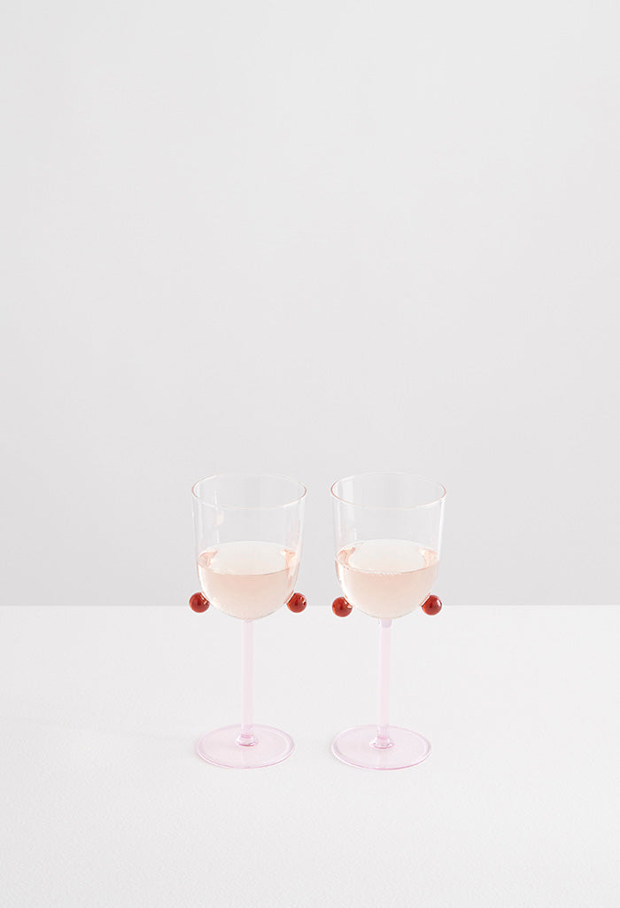 2 PomPom Wine Glasses - Pink w/ Clear/ Amber
