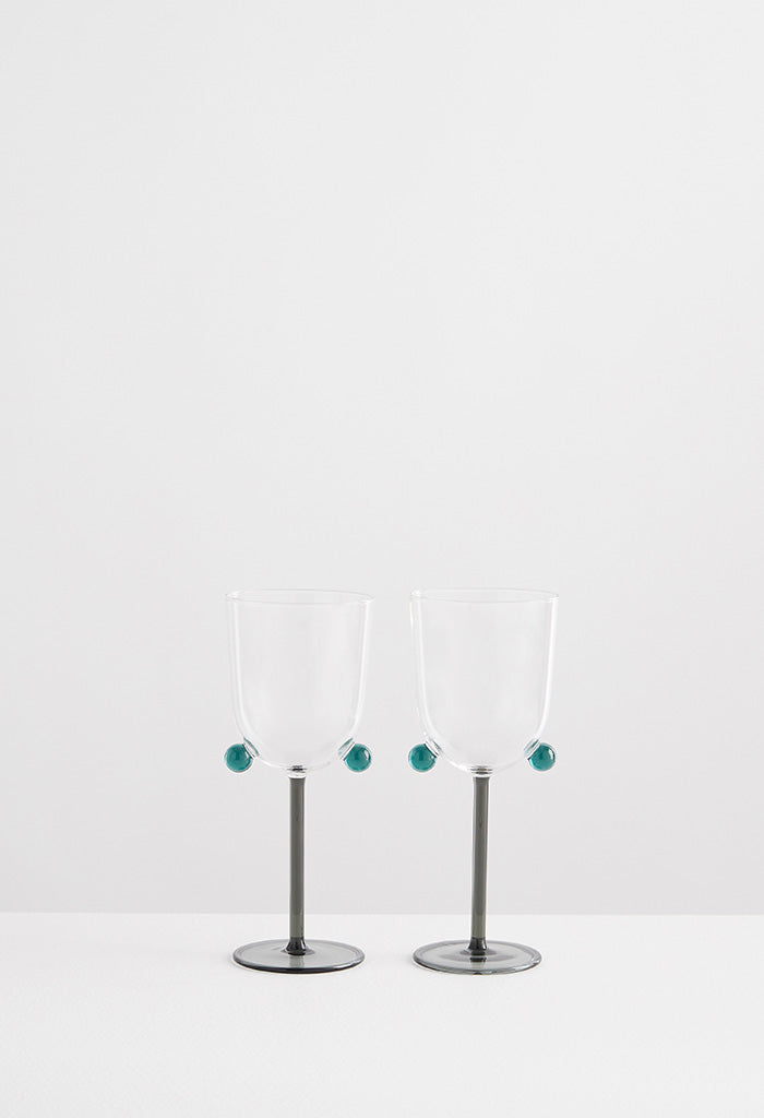 2 PomPom Wine Glasses - Smoke w/ Clear/ Teal