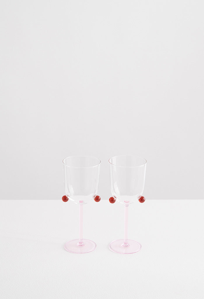 2 PomPom Wine Glasses - Pink w/ Clear/ Amber