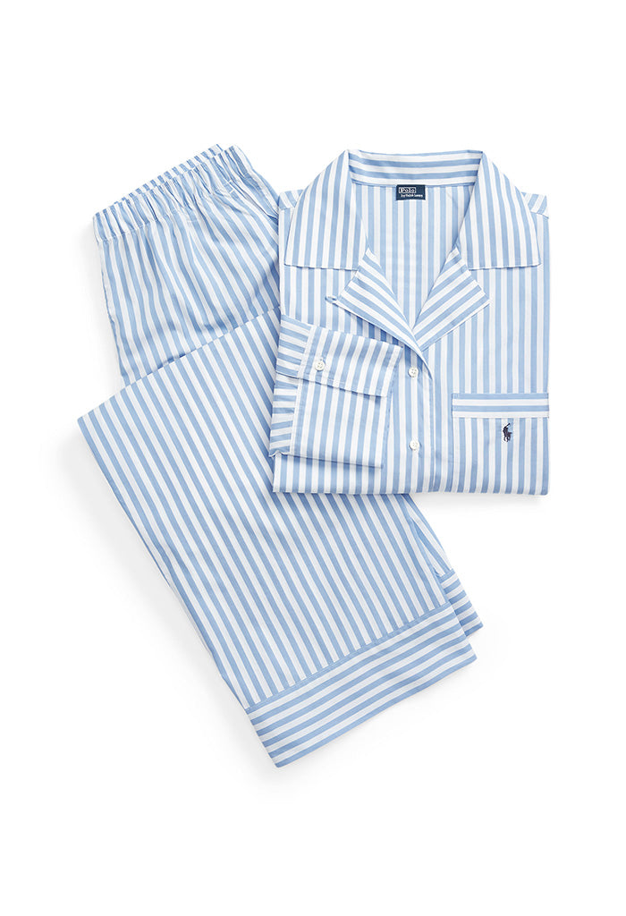 Long Sleeve Stiped Pajama set - White & Hydrangea