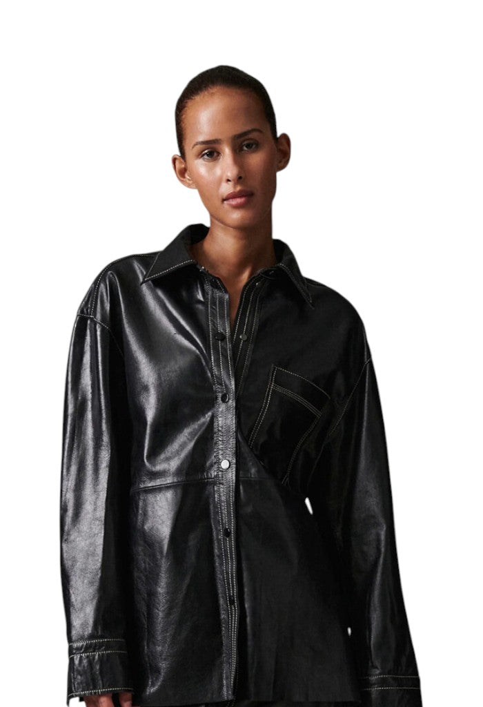 Andreas Polished Leather Shirt - Black
