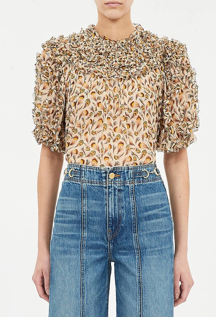 Isolda Silk Smocked Short Sleeve Blouse - Swan