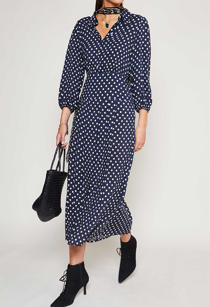Izzy Dress - Navy Mini Polka Dots
