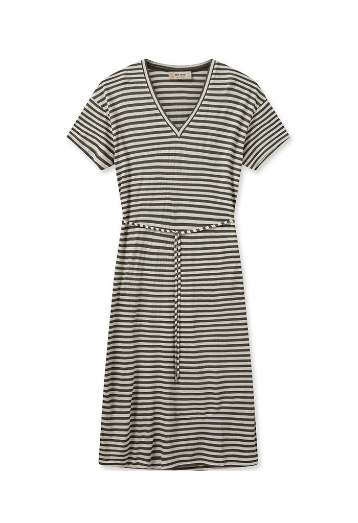 Jill V-SS Stripe Dress - Dusty Olive