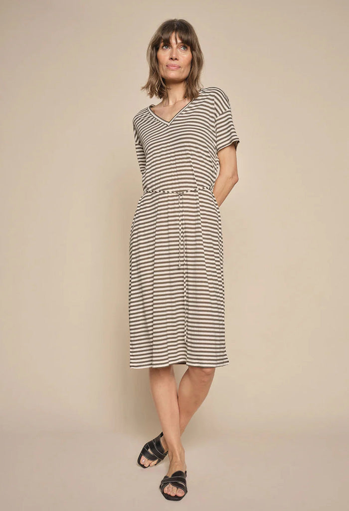 Jill V-SS Stripe Dress - Dusty Olive