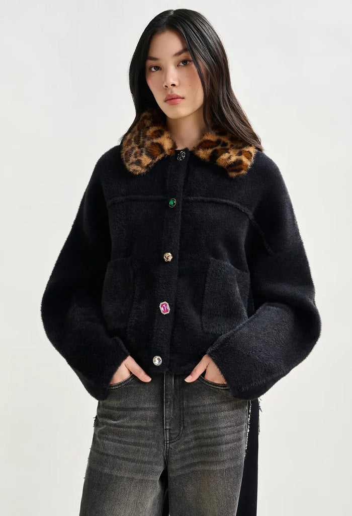 Leopard Fur Collar Cardigan