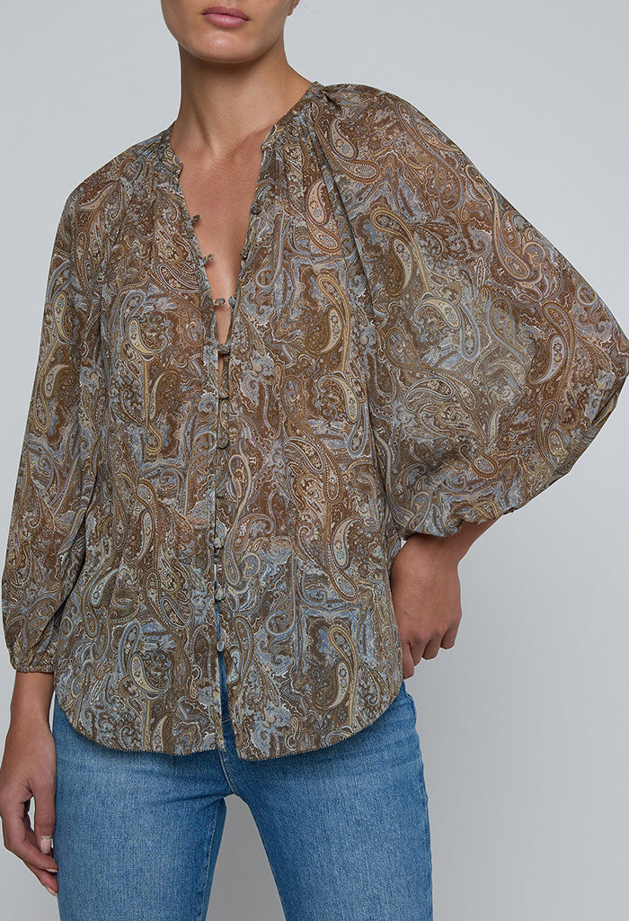 Teagan Dolman Sleeve Blouse - Neutral/Blu Ditsy