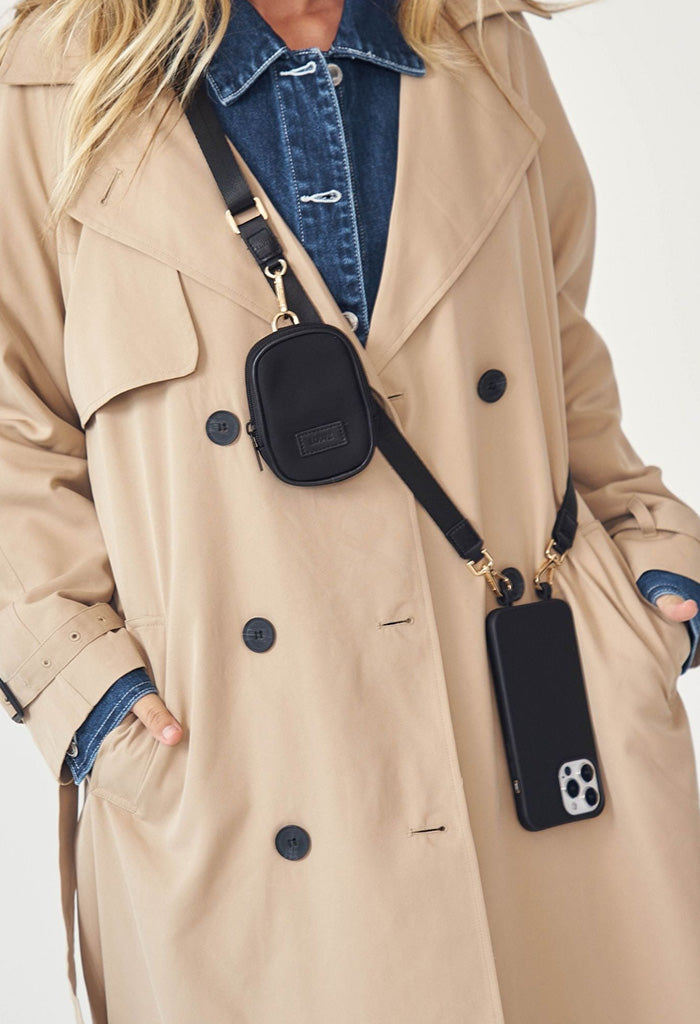 Vera Black Leather & Nylon Crossbody Phone Lanyard - Gold Hardware