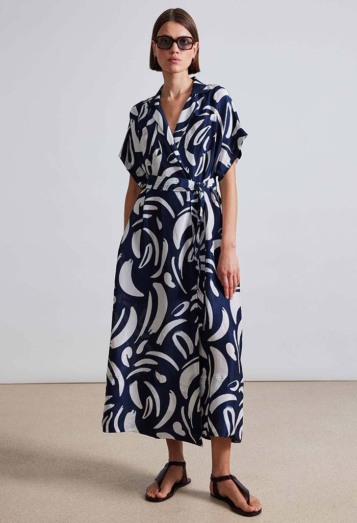 Vincenza Wrap Maxi Dress - Navy Abstract