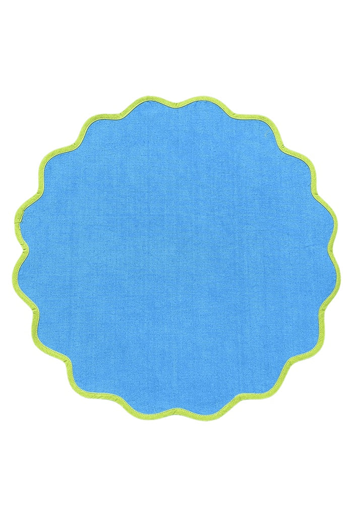 Cotton Placemats - Blue with Green Hem